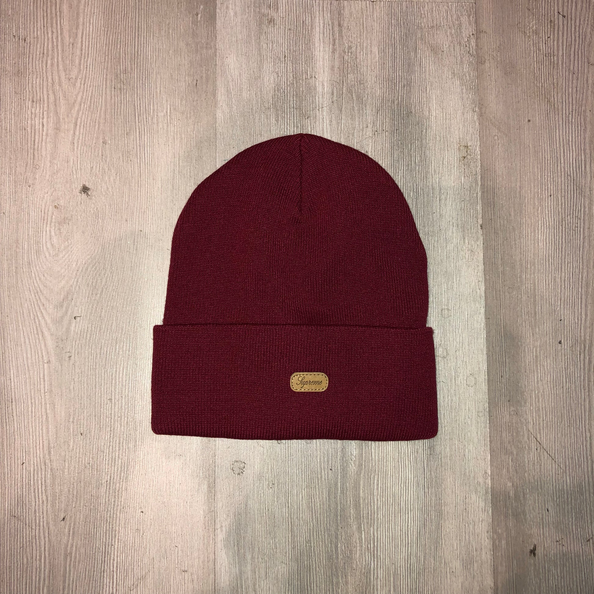 Supreme Leather Patch Logo Beanie Burgundy - Centrall Online